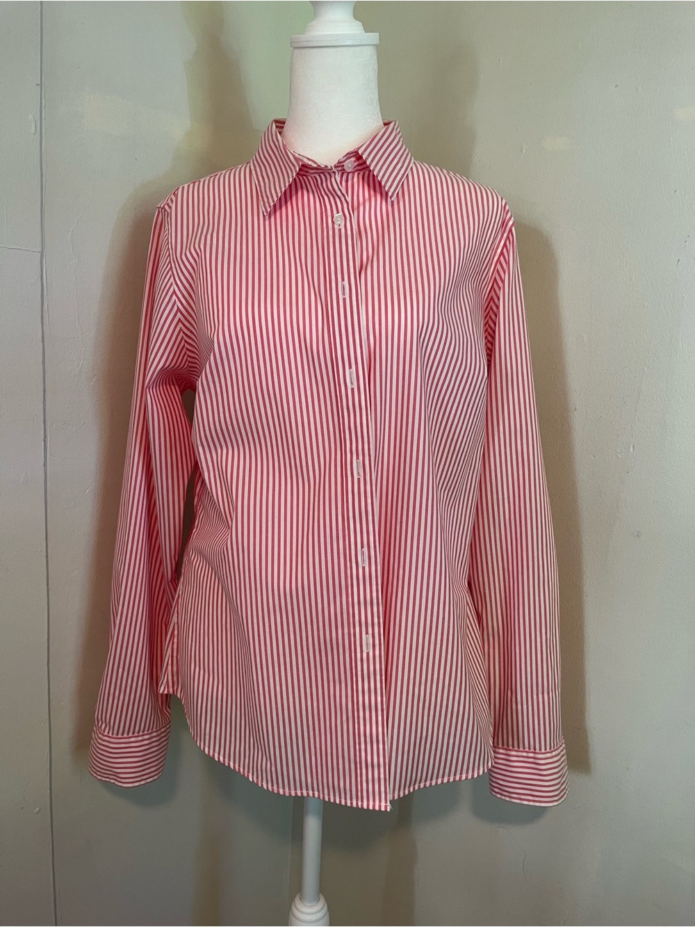 LL Bean Womens Small Coral Pink White Striped Cotton Stretch Button Up Shirt